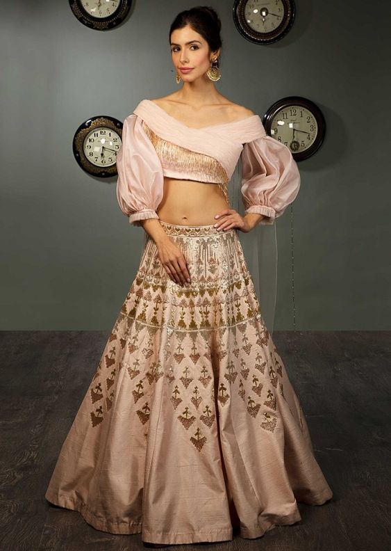 image of peach and golden prints on long skirt with puff off-shoulder neck design